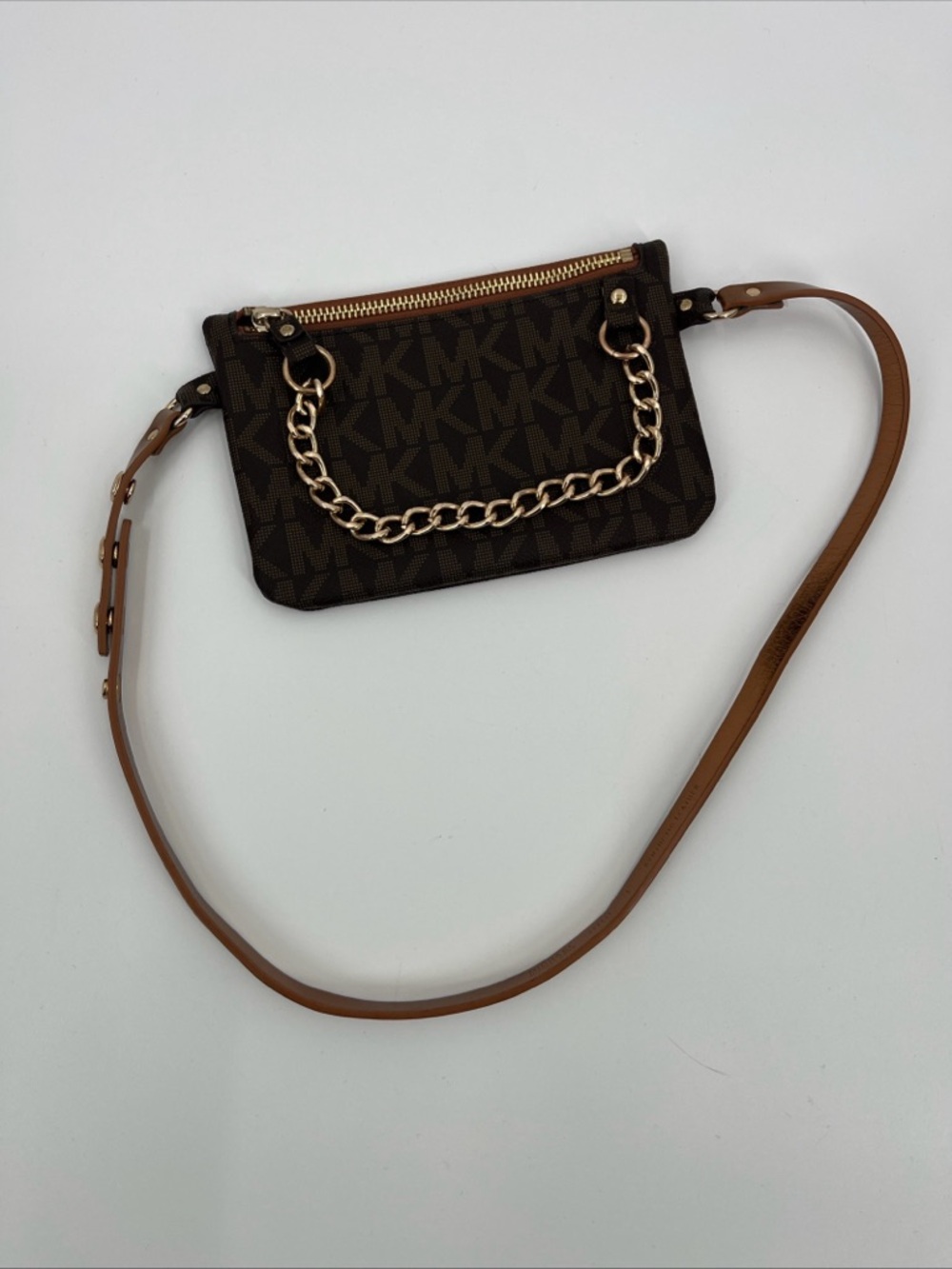 Michael Kors Signature Brown Logo Gold Chain Hardware Belt Bag Large